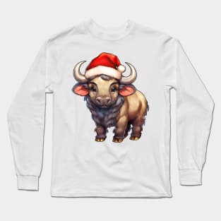 African Cape Buffalo in Santa Hat Long Sleeve T-Shirt